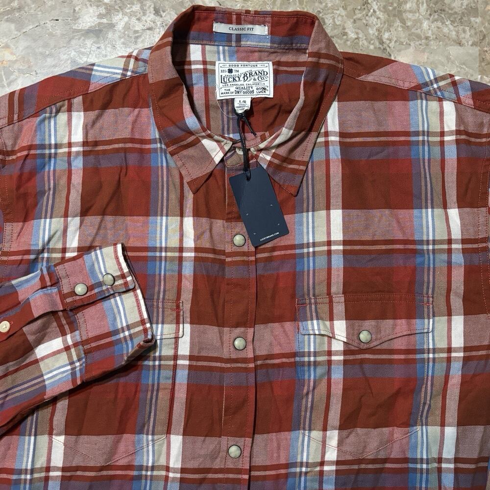Lucky Brand Pearl Snap Shirt Mens Large Red Flannel Long Sleeve Western NEW